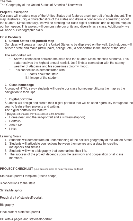 
Themes
The Geography of the United States of America / Teamwork

Project Description
Our class will create a map of the United States that features a self-portrait of each student. The map illustrates unique characteristics of the states and draws a connection to something about the student. Simultaneously, we will be creating our class digital portfolios and using the map as our homepage. This project will demonstrate our unity and diversity as a class. Additionally, we will hone our cartographic skills.

Final Products
1.	United States self-portrait map
Our class will create a map of the United States to be displayed on the wall. Each student will select a state and make (draw, paint, collage, etc.) a self-portrait in the shape of the state.

The self-portrait will:
•	Show a connection between the state and the student (José chooses Alabama. This state receives the highest annual rainfall. José finds a connection with the stormy weather of Alabama and his sometimes gloomy mood).
•	This connection is demonstrated with:
i.	3 facts about the state
ii.	1 image of the student

2.	Class homepage
A group of HTML savvy students will create our class homepage utilizing the map as the navigation to their Dps.

3.	Digital portfolio
Students will design and create their digital portfolio that will be used rigorously throughout the year to feature their projects and writing.
The digital portfolio will feature:
4 pages (other pages may be proposed to Mr. Shaddox)
•	Home (featuring the self-portrait and a simile/metaphor)
•	Portfolio
•	About Me
•	Links

Learning Goals
1.	Students will demonstrate an understanding of the political geography of the United States.
2.	Students will articulate connections between themselves and a state by creating metaphors and similes.
3.	Students will write a biography that summarizes their life.
4.	The success of the project depends upon the teamwork and cooperation of all class members.


PROJECT CHECKLIST (use this checklist to help you stay on task)

State/Self-portrait template (traced shape)

3 connections to the state

Simile/Metaphor

Rough draft of state/self-portait

Biography

Final draft of state/self-portait

DP with 4 pages and state/self-portrait



